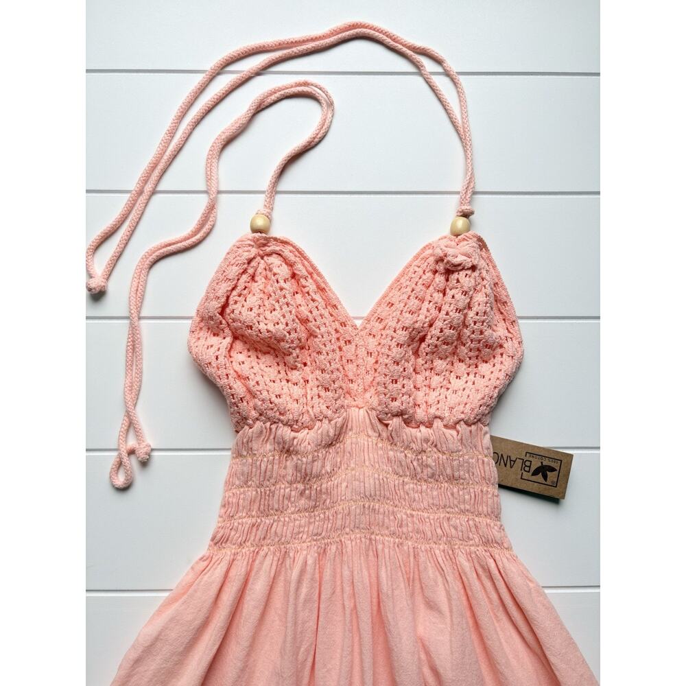 Blanco Coral Pink Crochet Lace Halter Mini Dress Size S Smocked Boho Cottagecore - Picture 2 of 12